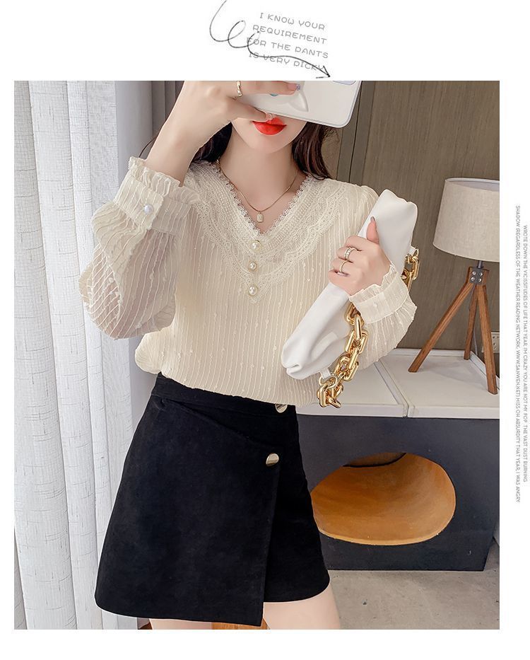 秋季新款长袖雪纺衫漂亮小衫气质上衣女蕾丝v领打底衫详情18