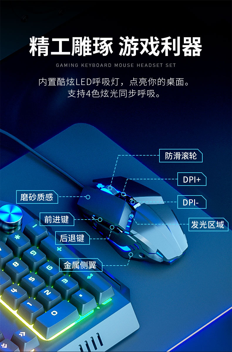 有线发光键盘鼠标耳机套装電競机械手感台式电脑笔记本朋克键帽详情16