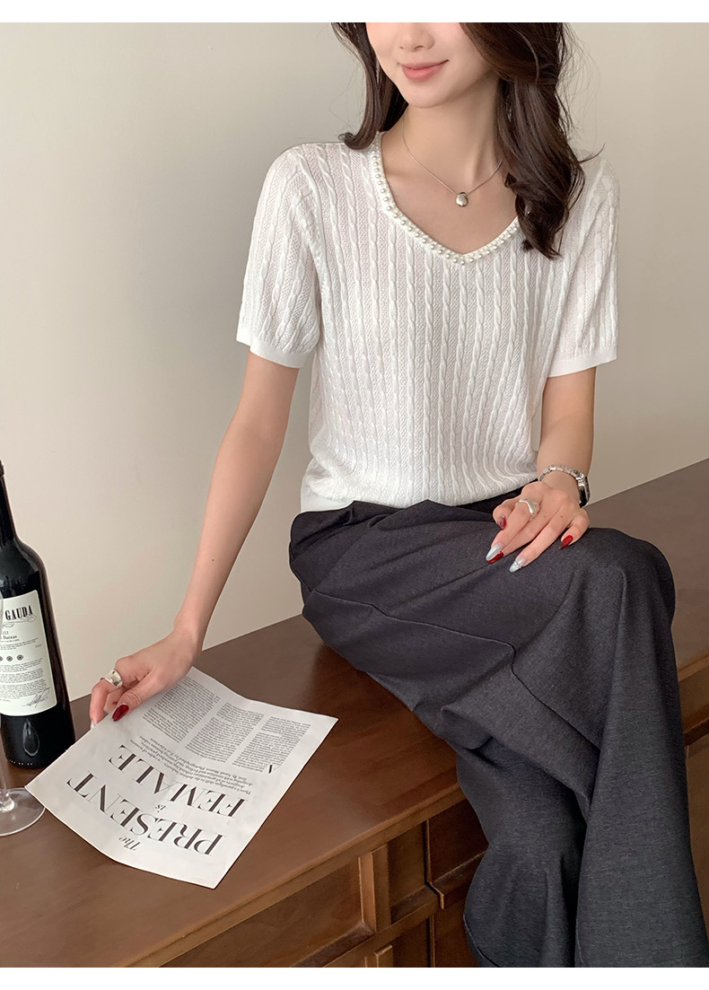 南油高端女装2026夏季新款珍珠装饰麻花纹针织短袖通勤气质上衣详情47