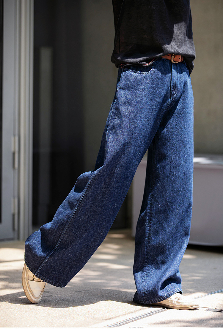 A niche all-season deep indigo blue mid-waisted loose and versatile wide-leg jeans pic 24