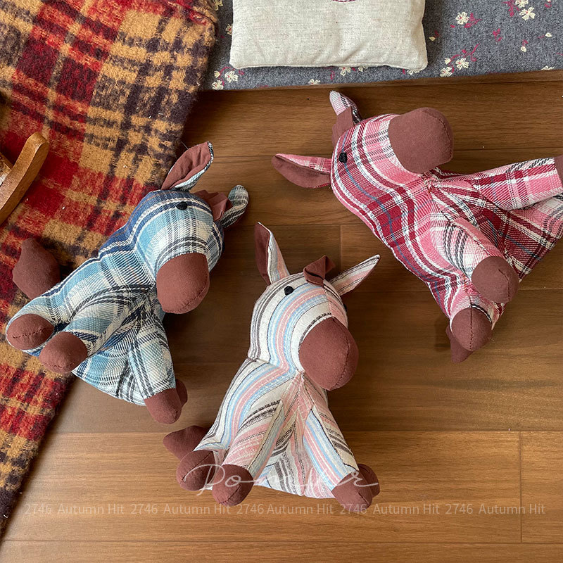 新款韩式布艺独角兽小马娃娃手工儿童安抚玩偶创意居家摆件礼物女秋冬复古格纹条纹布艺小马玩偶 软萌治愈可爱毛绒摆件送礼佳选详情3