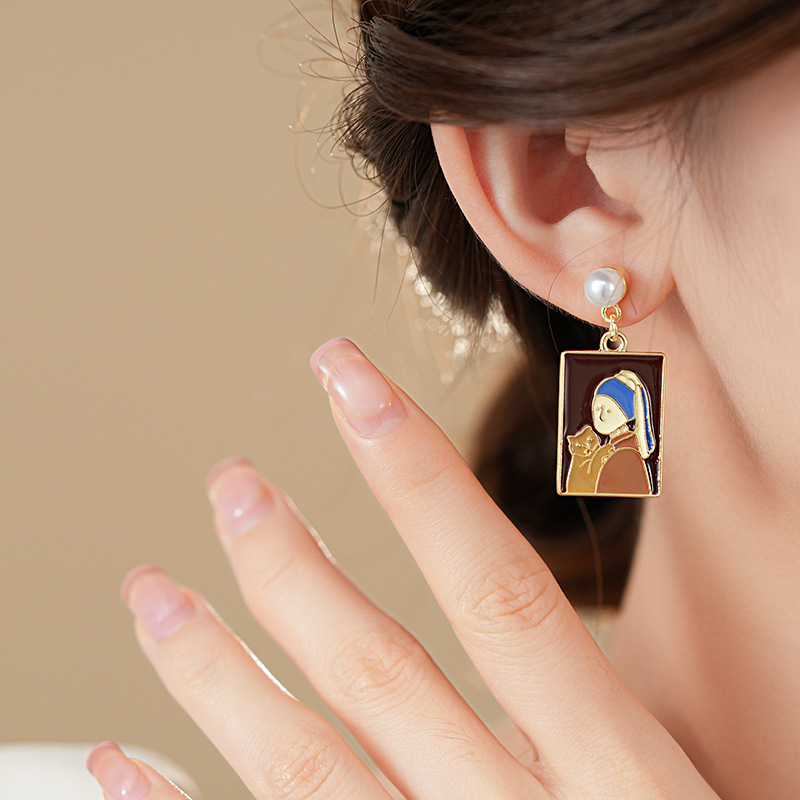 银针莫奈花园滴油女孩小猫珍珠款耳钉复古高级感耳环油画风耳饰女详情10