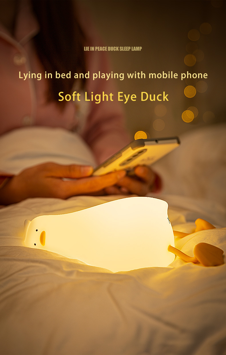 Lying flat Duck night light, patting light, silicone LED, turning duck, charging, bedside companion, mobile phone stand, night light creativity pic 5