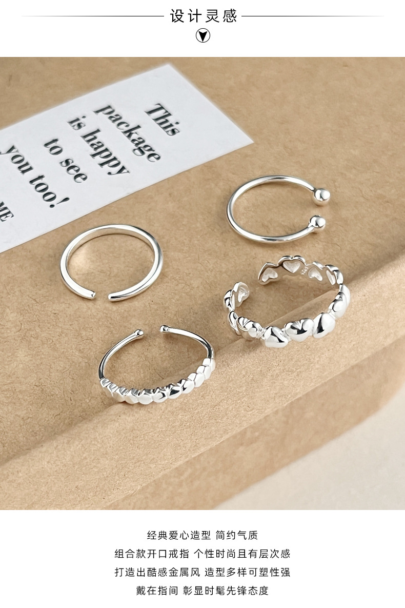925 sterling silver smooth heart-shaped set ring for women, simple and niche design, sweet and elegant, open tail ring B5370 pic 3