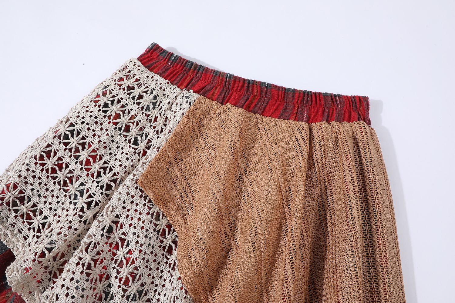 日系森女复古半身裙不规则重工格子蕾丝拼接半裙高腰长裙详情4