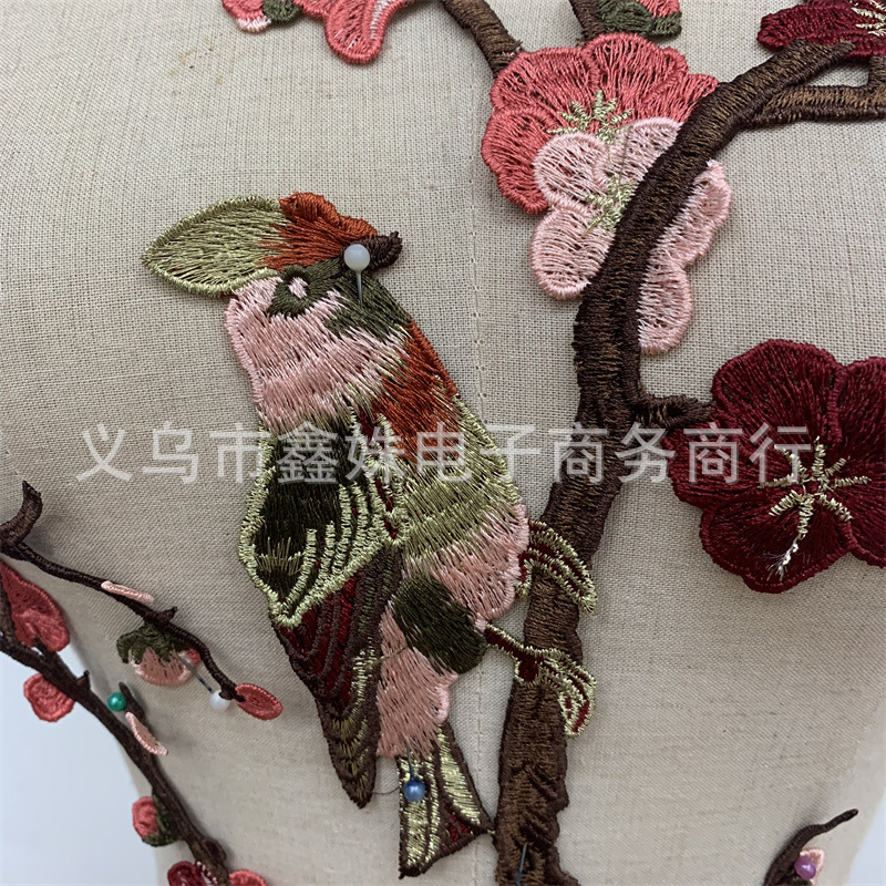 中国风梅花鸟刺绣布贴旗袍汉服装饰绣花贴详情3