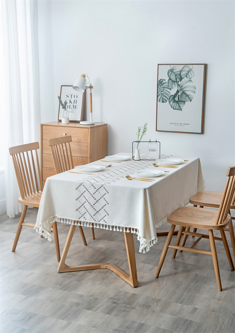 Amazon cross-border embroidered checkered flower tassel tablecloths, rectangular coffee tables, tablecloths and table coverings manufacturer embroidery pic 41