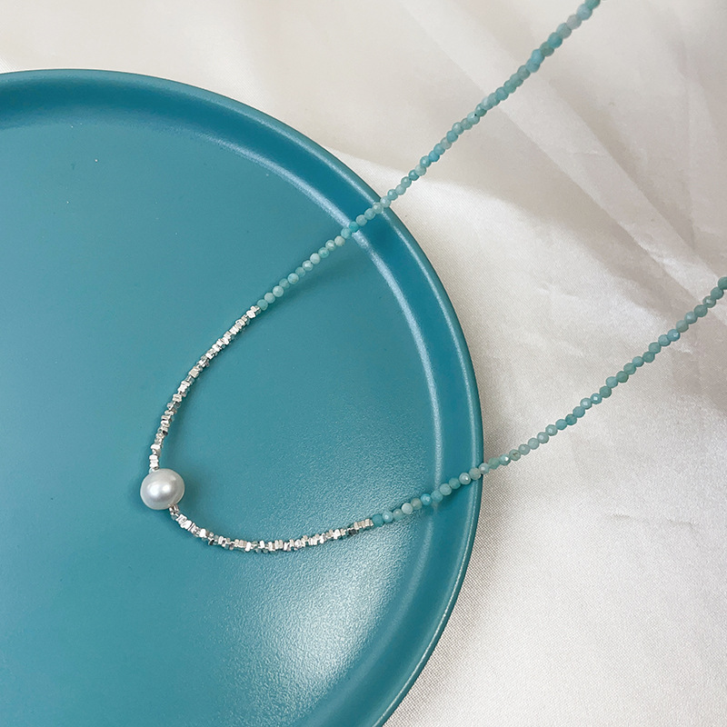 S925纯银蓝色彩石天然淡水珍珠项链拼接碎银女2023新款轻奢锁骨链详情7