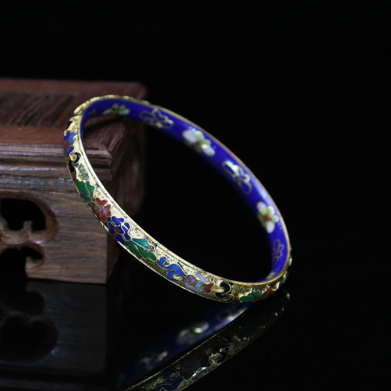 Beijing Cloisonne vintage collectibles, classical ethnic style copper body cloisonne enamel jewelry No. 7 flat gold base bracelet pic 3