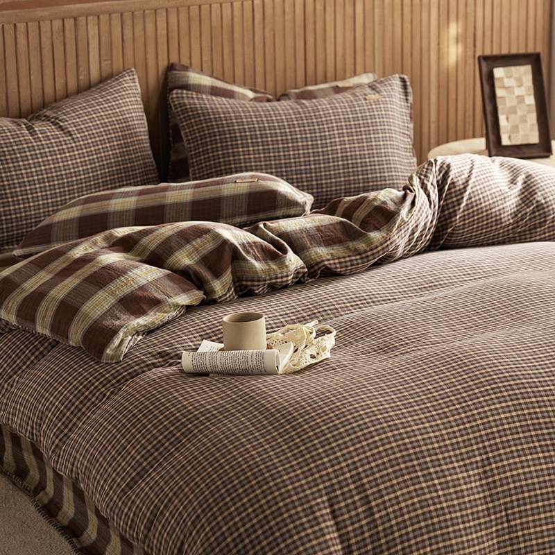 All-cotton Class A double-layer yarn four-piece set, double-layer yarn quilt cover and bed sheet four-piece set, pure cotton double-layer yarn checkered four-piece set pic 32