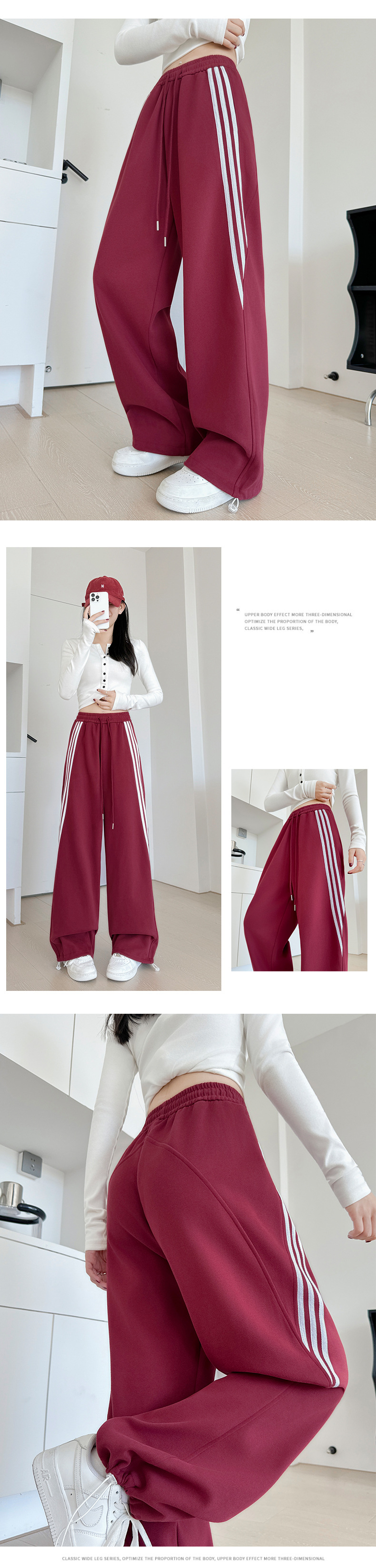 New grey striped sportswear pants for women in autumn and winter, slimming wide-leg sweatpants, loose high-waisted straight-leg casual fleece pants pic 14
