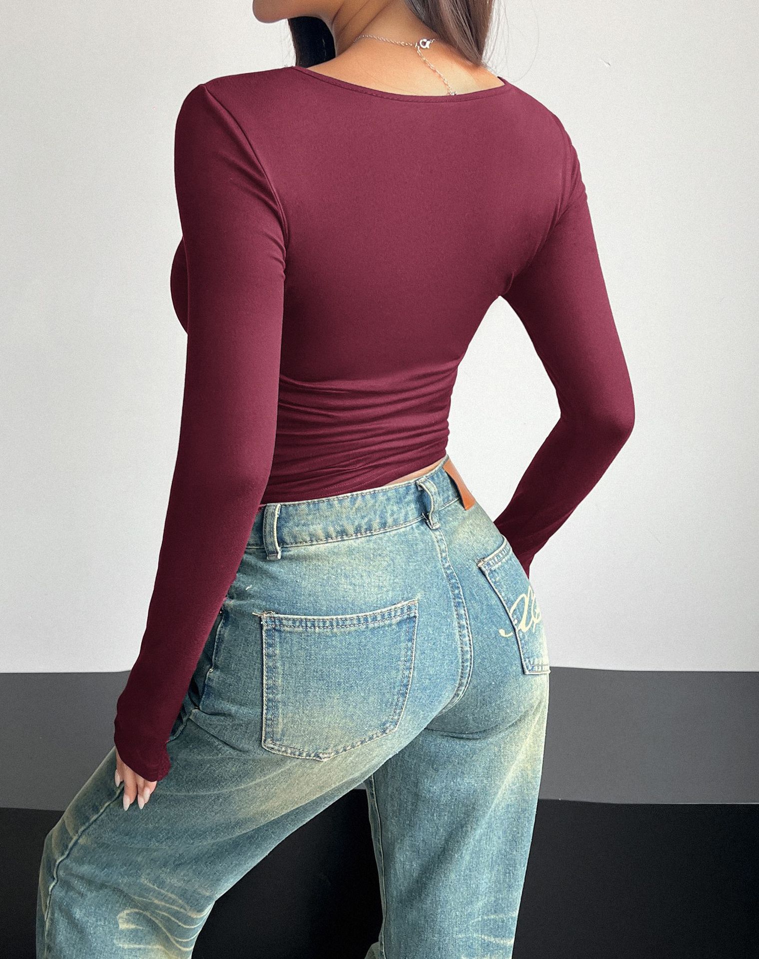 Diyun Cross-border European and American 2024 Spring/Summer Y2K new square-neck long-sleeved pullovers tight casual fashion top for women pic 40