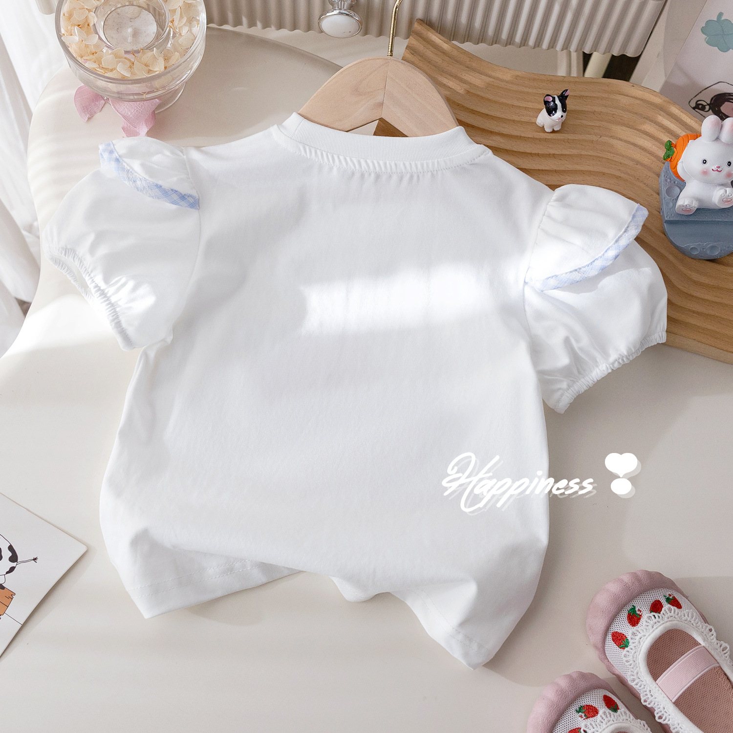 The summer new cartoon print T-shirt for girls is fashionable, and the two-piece set of checked bow flower bud pants is trendy pic 8