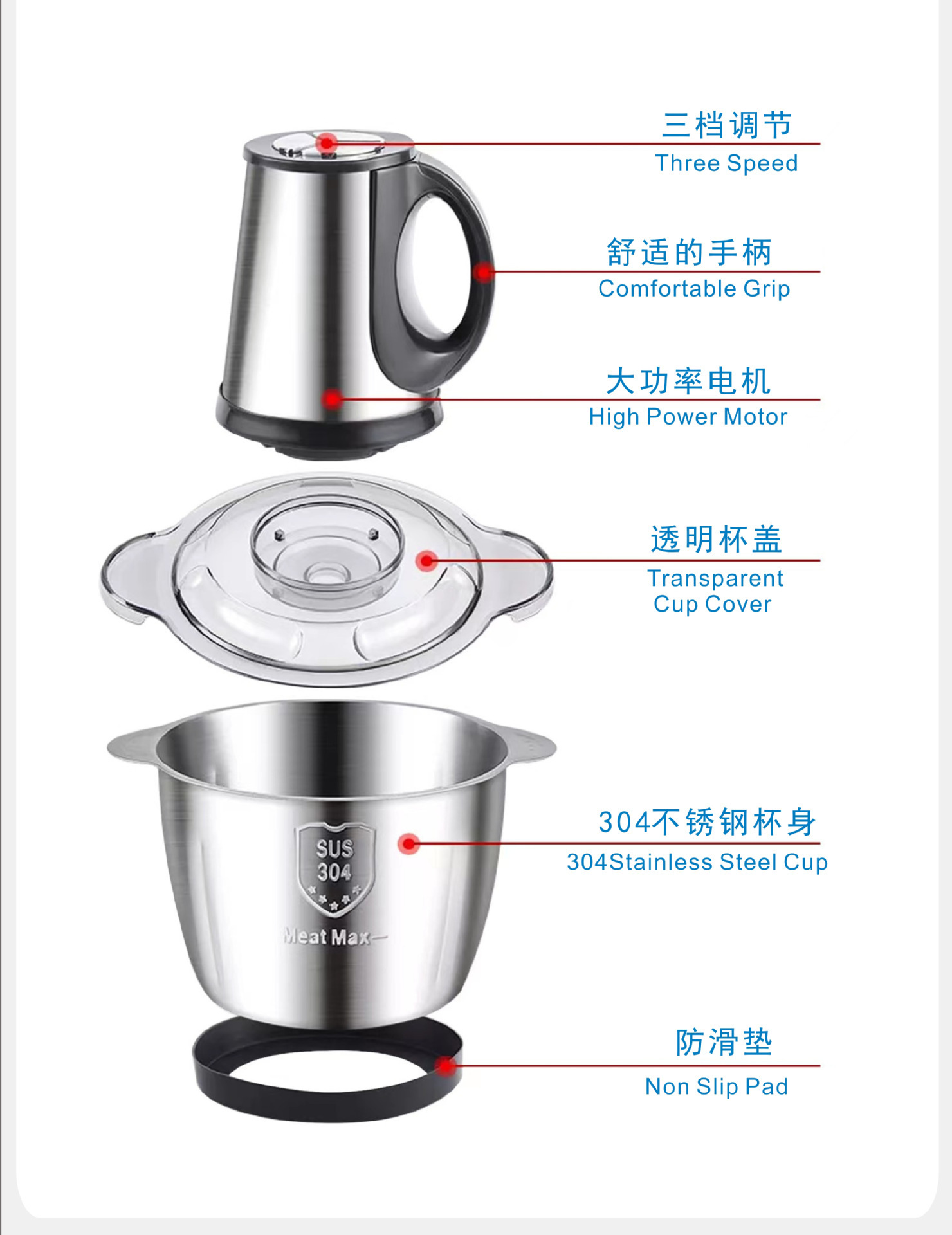 European standard, American standard, British standard 110V, Chinese and Southeast Asian export 220V meat grinder, stainless steel glass food processor pic 5