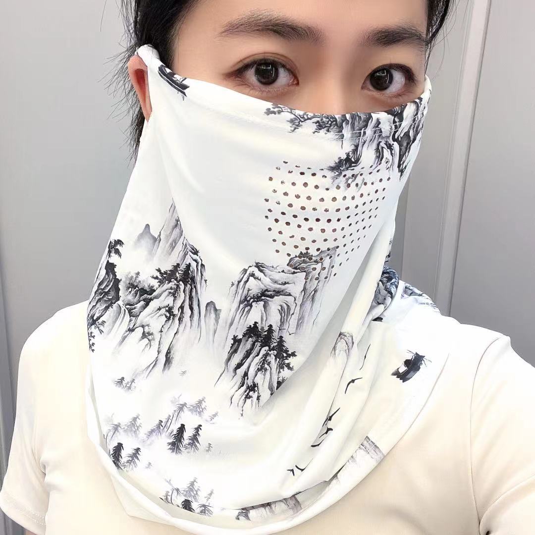 夏天防晒遮阳面罩口罩女国风水墨户外全脸护颈围脖子一体冰丝挂耳详情5
