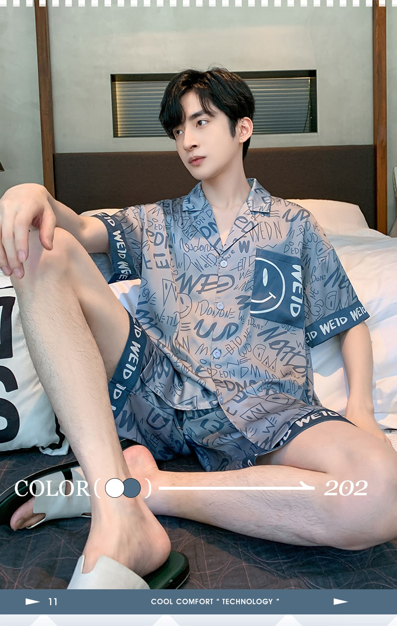 夏季新款冰丝男士睡衣短袖短裤薄款韩版夏天学生青少年家居服套装详情8