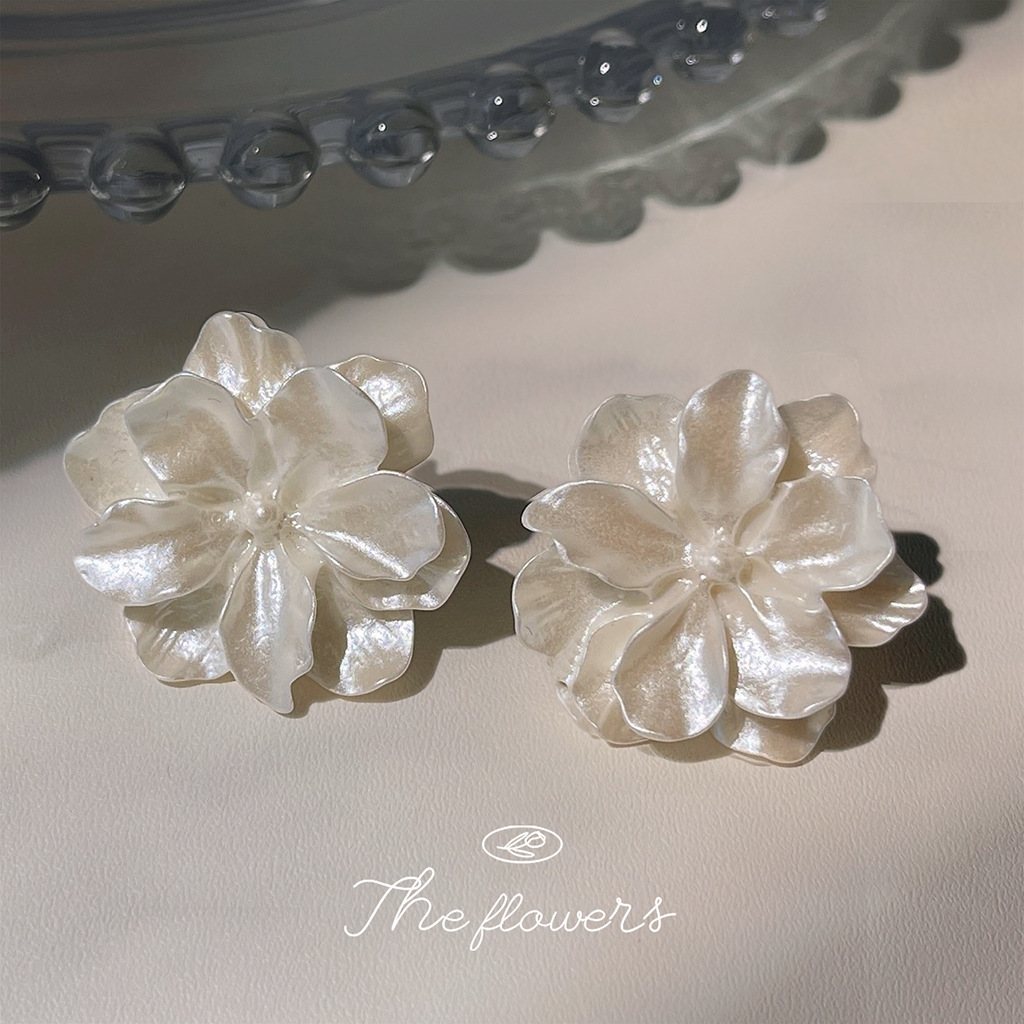 White pearl flower 925 silver needle camellia stud earrings, elegant and ethereal forest-style earrings, photo accessories pic 1