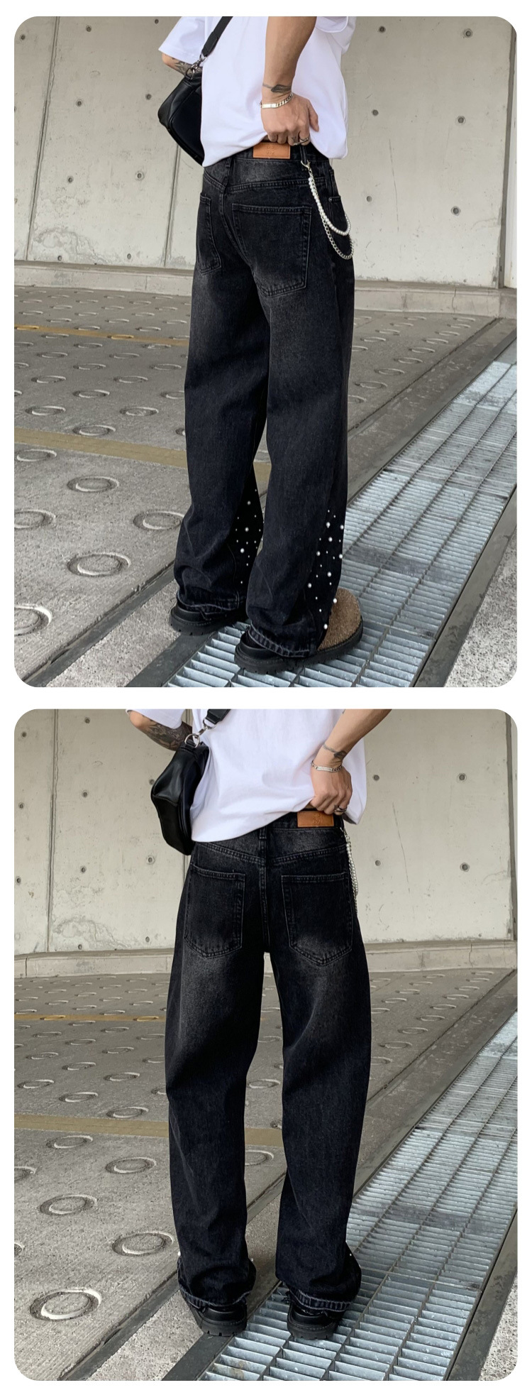 Cross-border Parisian style beaded jeans for men, 2025 new trendy streetwear brand loose straight-leg wide-leg pants for men pic 17