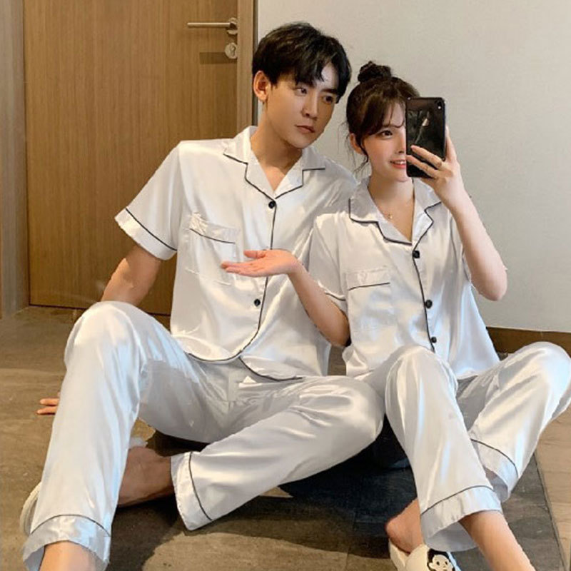 A wholesale set of short-sleeved couple pajamas for spring and autumn, featuring solid ice silk color faux silk for both men and women, can be worn as outerwear for home wear pic 11