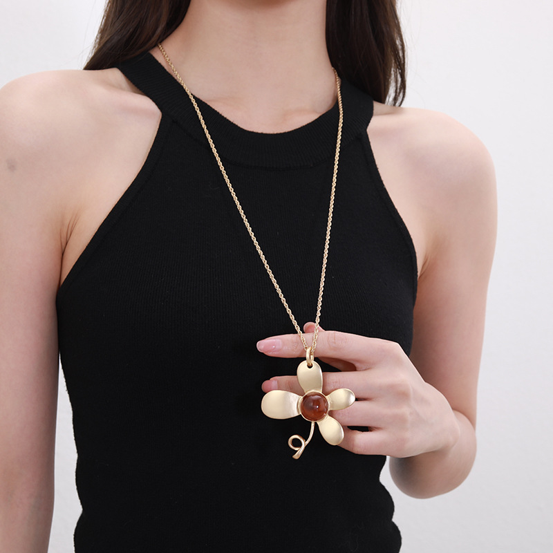 新款跨境专供亚马逊长项链时尚简约花朵几何金属吊坠女百搭毛衣链详情8