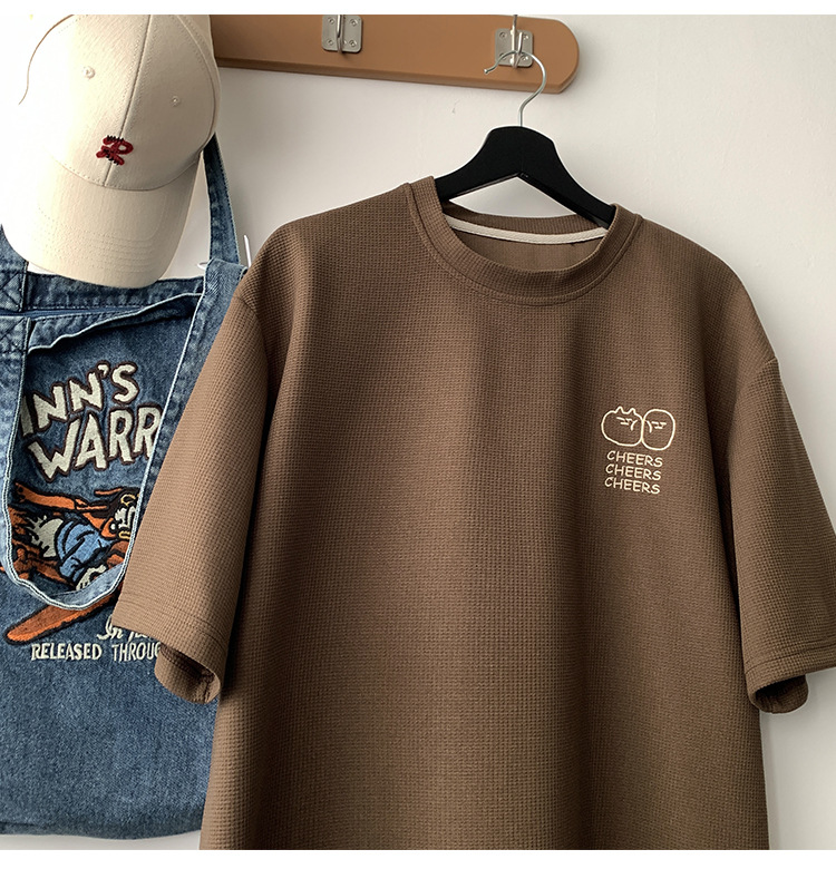 Waffle large-sized short-sleeved T-shirt for men, summer Korean style trendy clothing, printed loose half-sleeved American heavyweight T-shirt pic 25