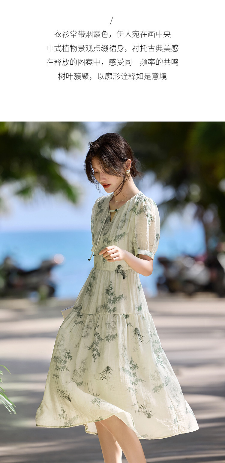 Chinese-style printed dress 2025 summer Chinese-style plant printed beaded neckline dress pic 5