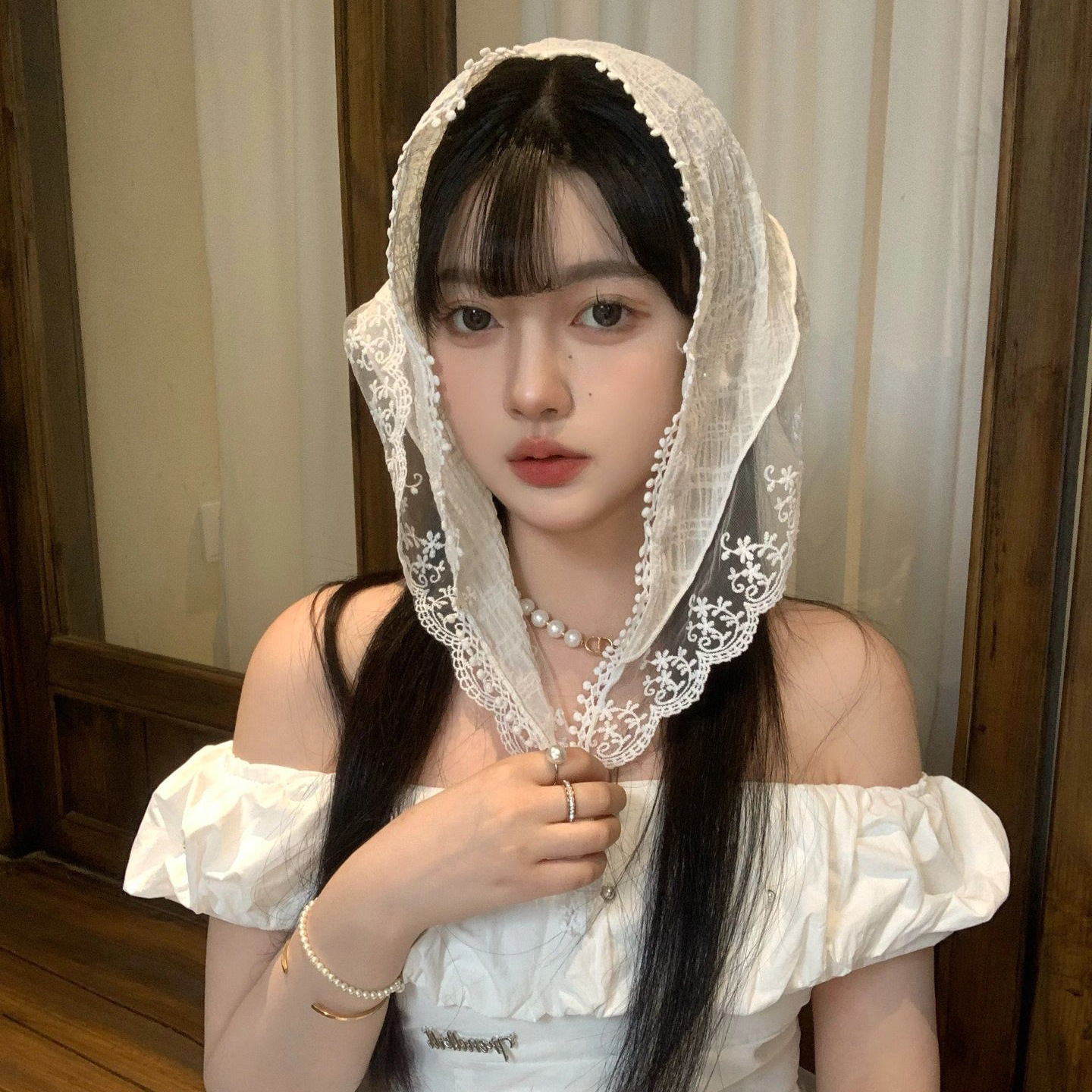法式少女蕾丝三角巾氛围感丝巾碎花头巾高级花朵米色田园风飘带潮详情5