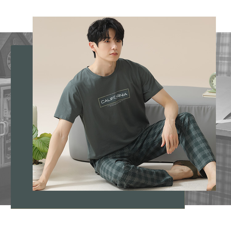 Summer pure cotton pajamas for men, cartoon casual short-sleeved shirts and long pants, pure cotton comfortable home wear, summer youth student set pic 58