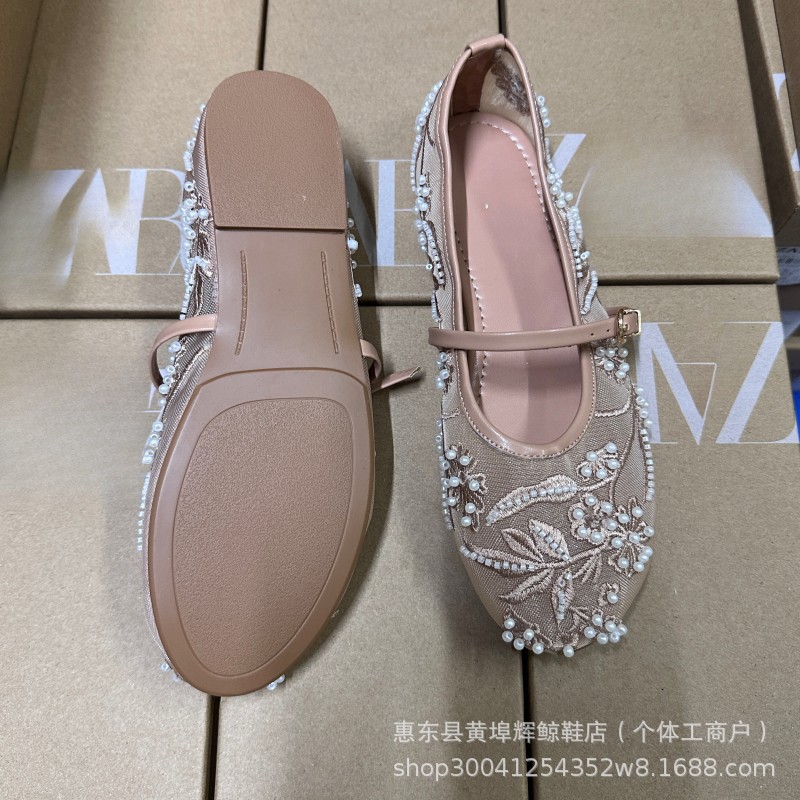 ZA新款白色刺绣珍珠网纱平底单鞋圆头芭蕾舞鞋女玛丽珍女鞋详情11