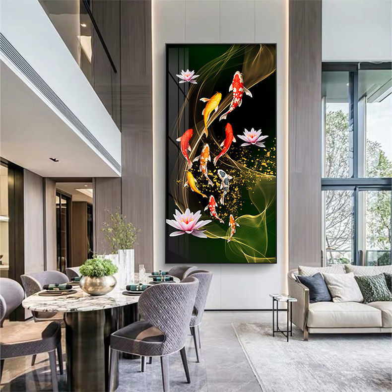 九鱼图玄关画入户画客厅挂画现代轻奢装饰画大气竖版走廊过道壁画详情11
