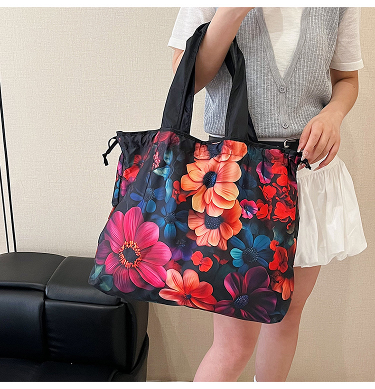 大容量花朵印花单肩包防水购物袋尼龙外出托特包时尚复古手提包详情17