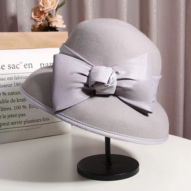 法式赫本风优雅蝴蝶结钟形盆帽渔夫帽英伦复古绵羊毛礼帽 WHZM08详情6