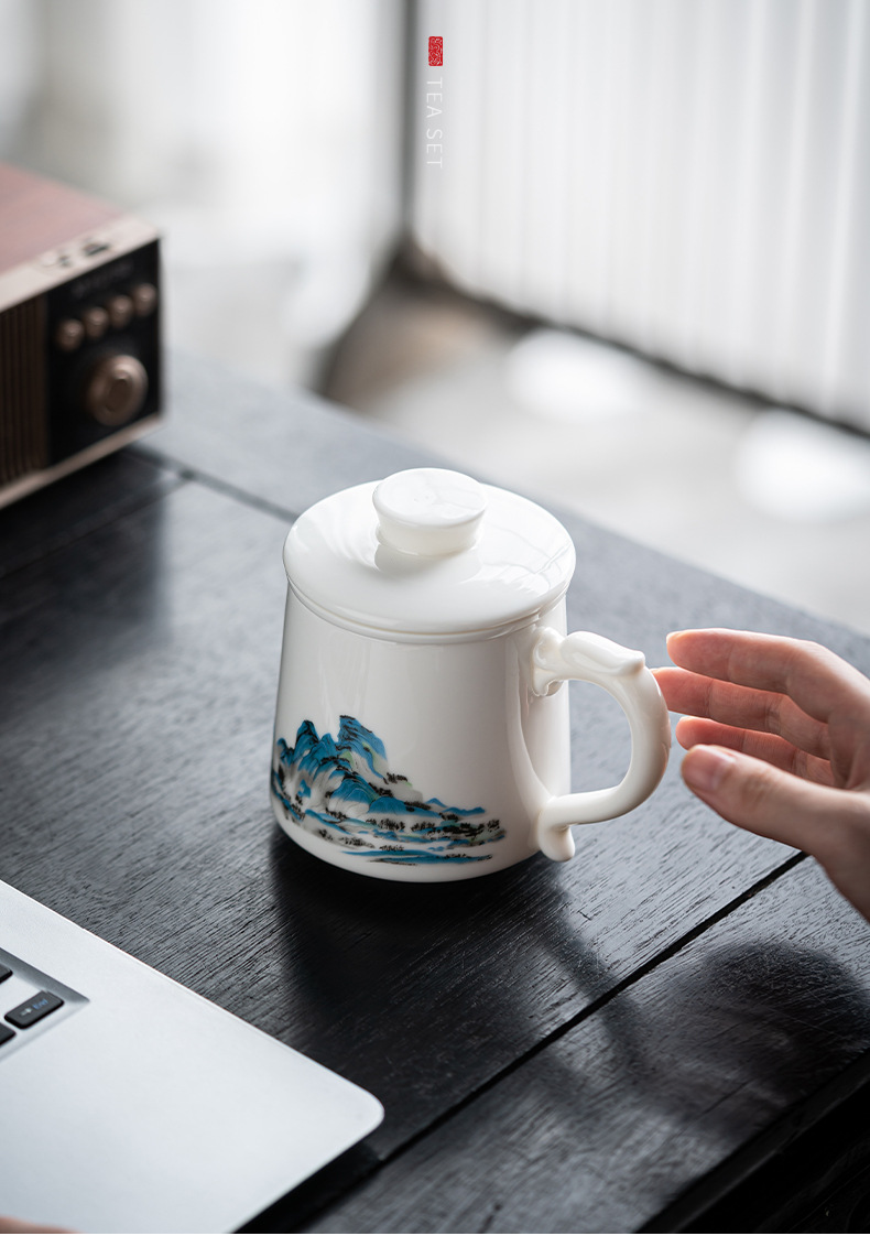 羊脂玉办公杯书房茶杯茶水分离白瓷马克杯水杯大容量陶瓷杯子过滤详情7