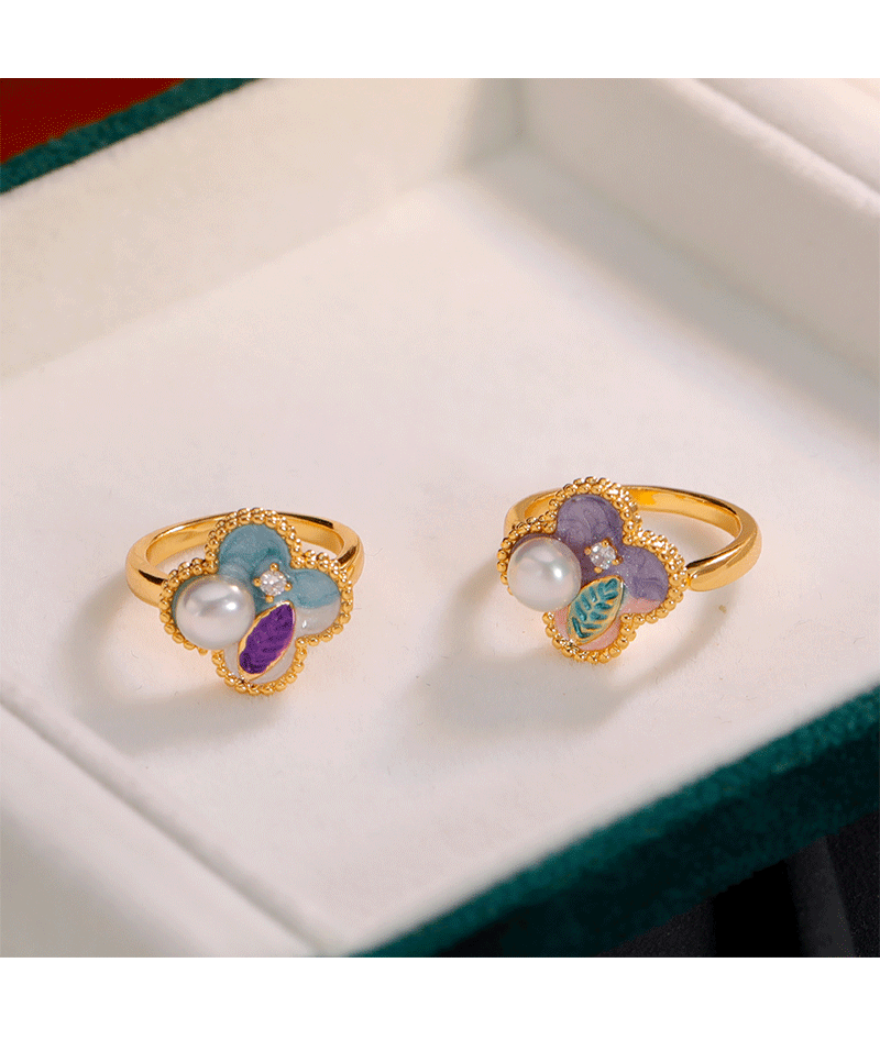 Anillo de Hyacinth mujer pintura al óleo colección nacional maré esmaltado anillo de cuatro hojas diseño original sentido anillo abierto anillo de dedo indicador accesorios pic 7