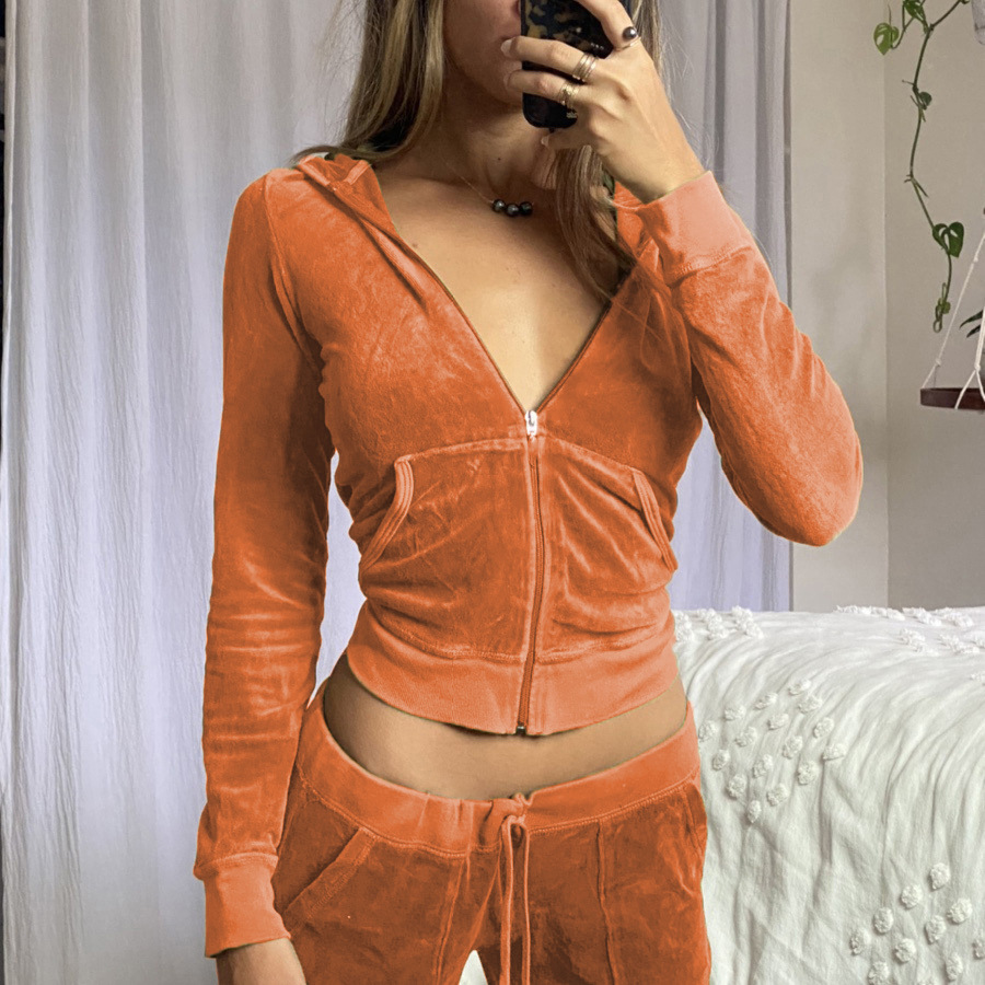 Solid color velvet slim sports suit zipper hood pic 17