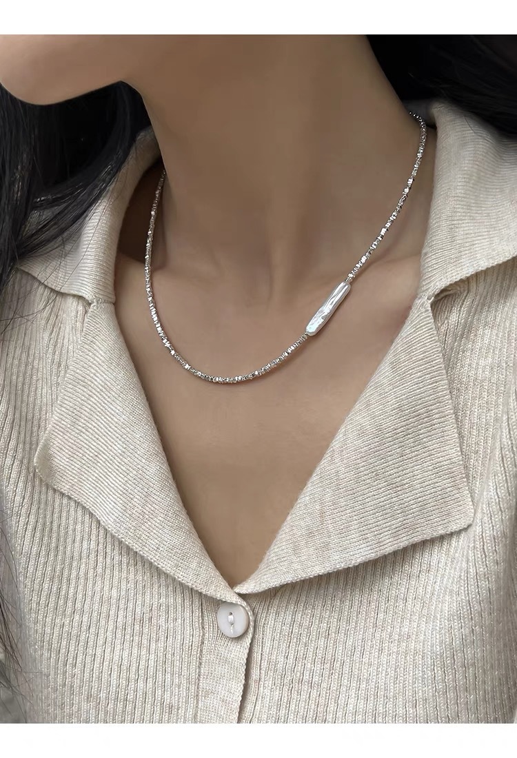 巴洛克异形淡水珍珠小银条珍珠项链镀银碎银子轻奢气质时尚锁骨链详情10