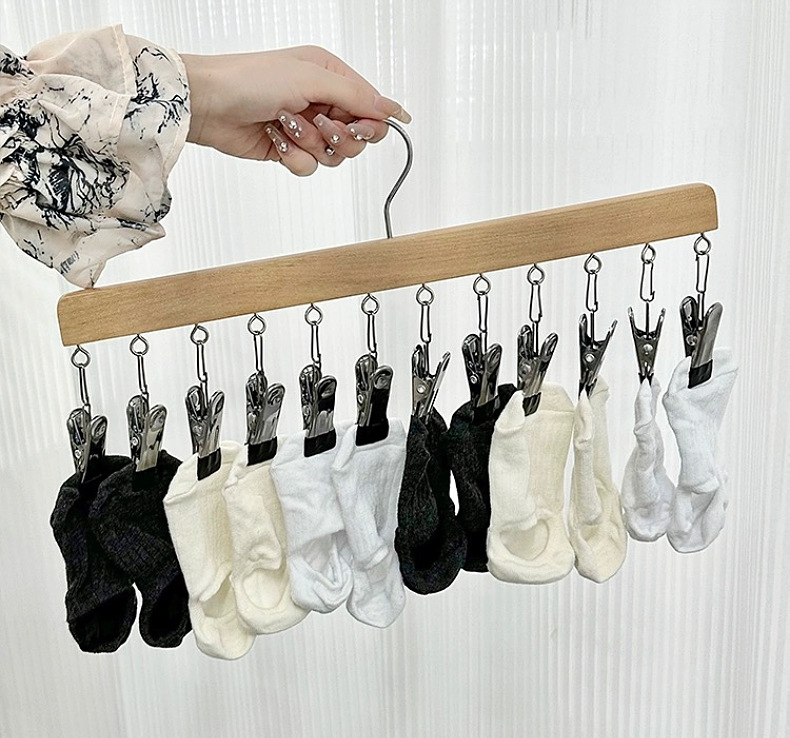 瑞霖实木多功能12夹衣架袜夹裤夹子无痕收纳展示一字型工厂批发详情4