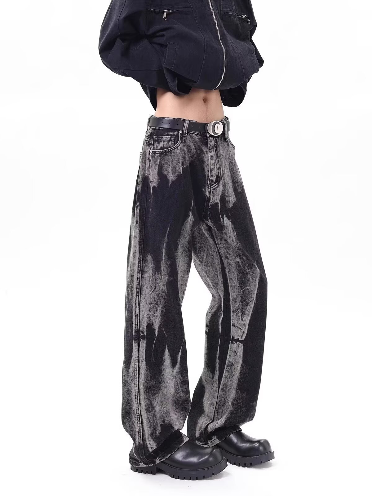 FUIV 扎染水洗垂感牛仔裤男女新款渐变宽松显瘦直筒阔腿拖地裤子详情12