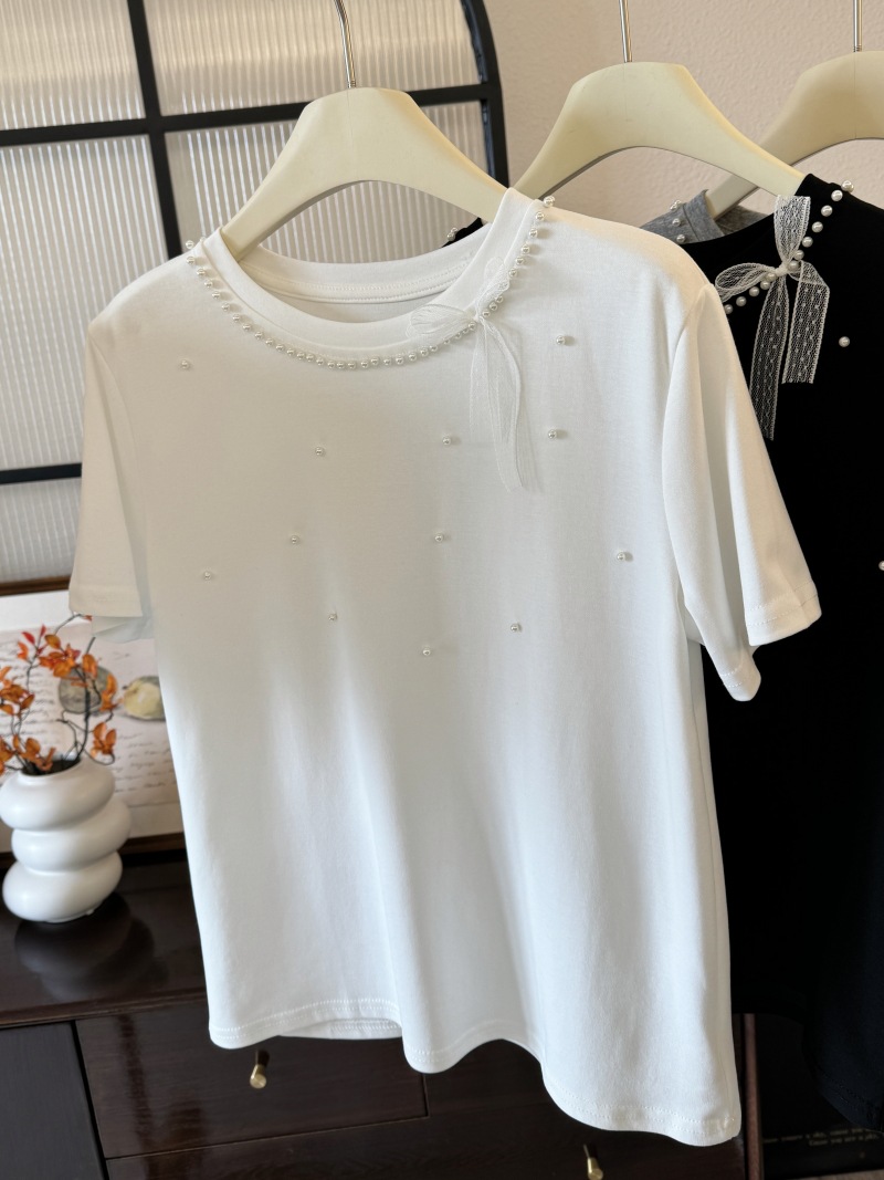 2025夏季新款女式T恤 显瘦百搭设计款 仿珠宝镶饰圆领休闲短袖上衣 时尚潮流女装详情8