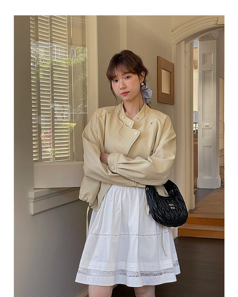 【歌铭】韩系通勤立领皮衣夹克女春季新款复古机车服短外套W733B详情18