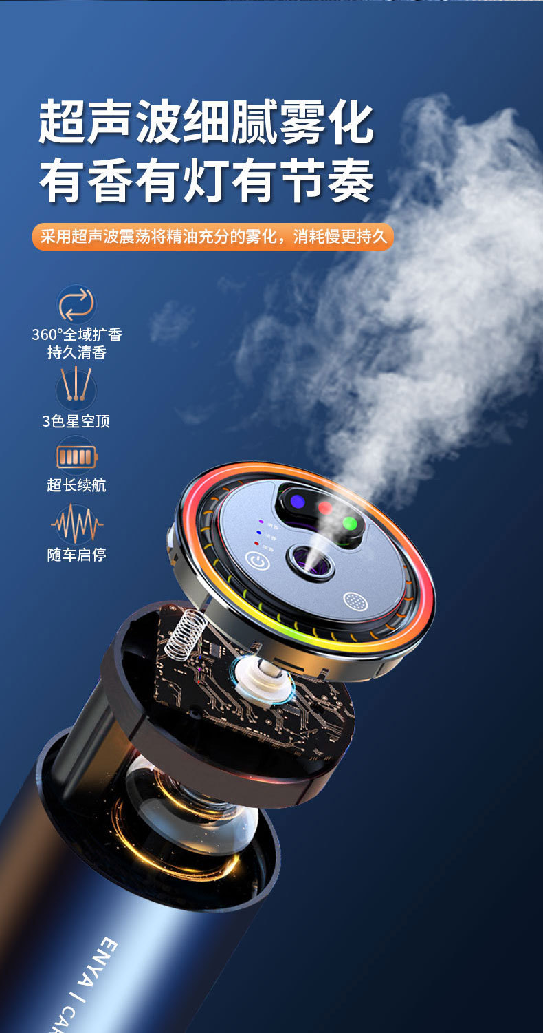 三色星空顶车载香熏喷雾氛围灯智能拾音汽车香水满天星车载香薰详情17