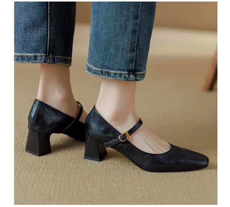 软羊皮黑色高跟鞋2025春秋新款法式复古粗跟一字带玛丽珍鞋女单鞋详情19