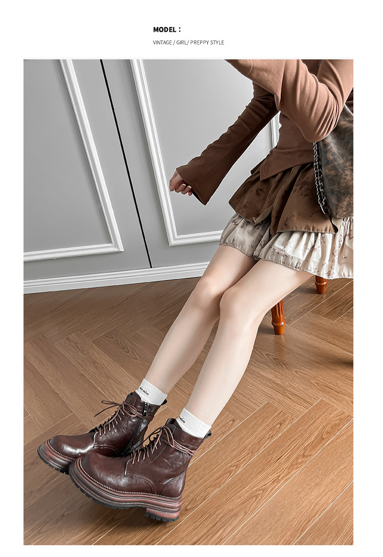 英伦复古系带厚底马丁靴秋冬季单靴精致手抓纹粗跟短靴女机车靴子详情25