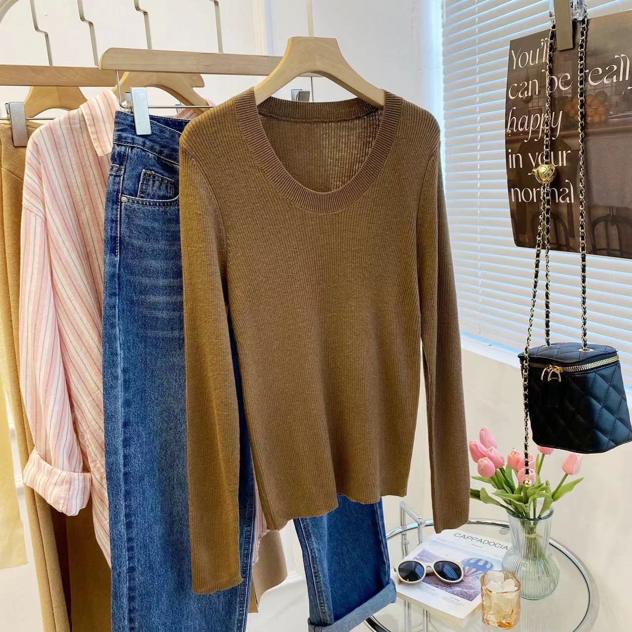 U领针织衫女韩国东大门露锁骨修身纯色安迪绒打底衫安迪绒长袖衫详情32