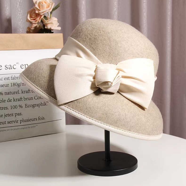 法式赫本风优雅蝴蝶结钟形盆帽渔夫帽英伦复古绵羊毛礼帽 WHZM08详情1