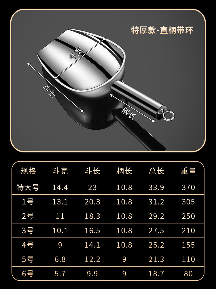 跨境不锈钢冰铲加厚干果五谷杂粮铲面粉铲豆铲冰块勺米铲食品铲子详情23