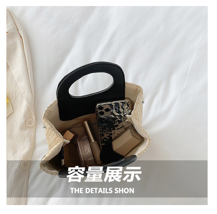 2023夏季复古撞色拼接草编包大容量手工编织包简约时尚单肩手提包详情6