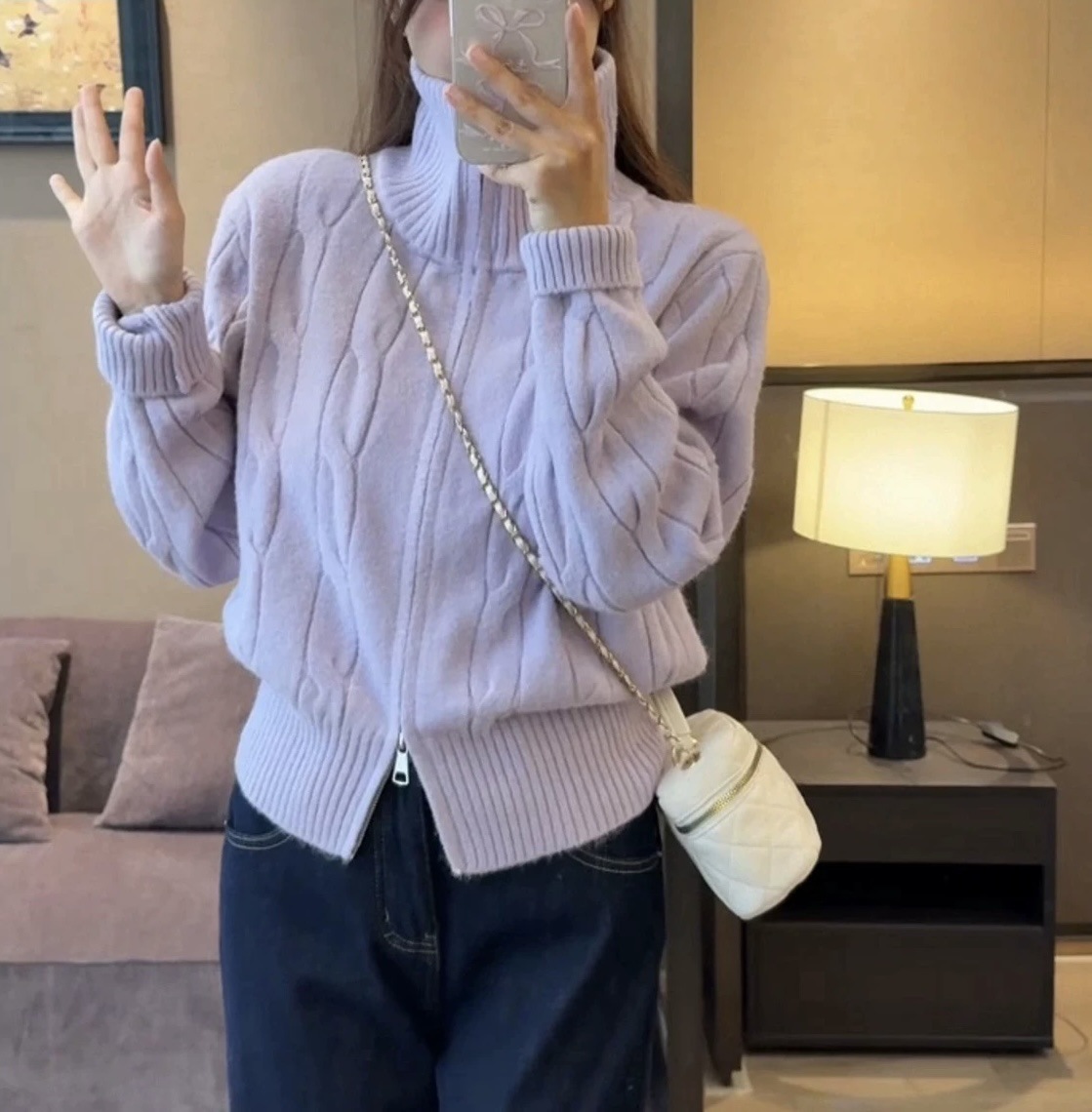 Solid-color casual double-zipper twisted knit cardigan coat, fashionable and versatile, new autumn and winter style sweater top for women pic 5