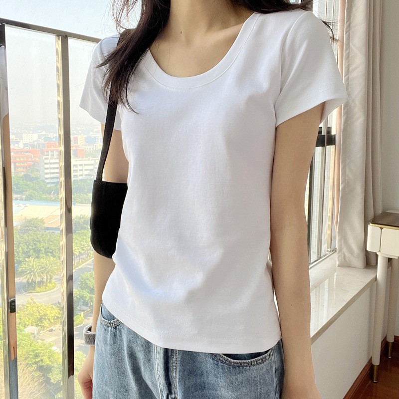 【高品质纯棉】u领收腰正肩显瘦大领口修身短袖T恤女打底衫上衣夏详情14
