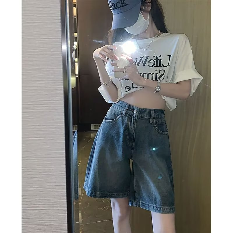 复古简约牛仔裤女宽松夏季新款高腰五分裤显瘦百搭五分直筒中裤潮详情4